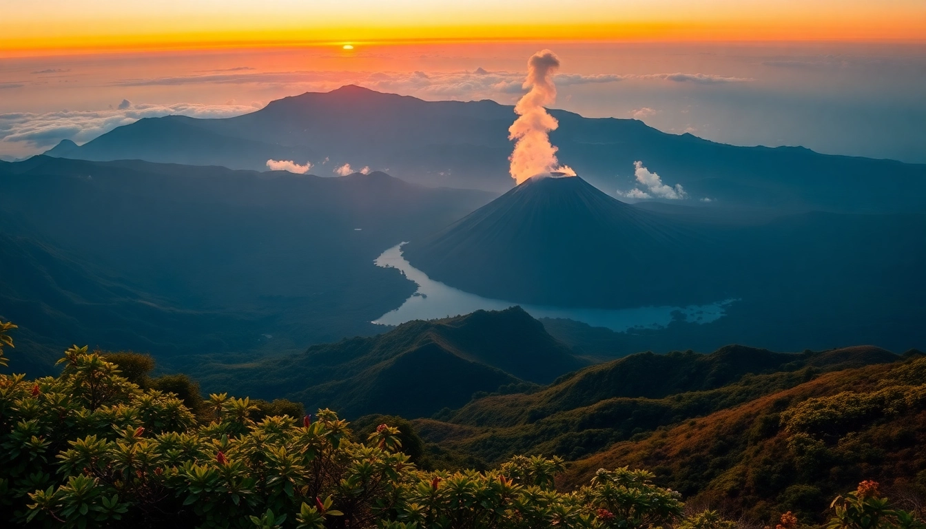 Majestic Mount Rinjani erupting with a smoky crater and lush surrounding landscape, captured from a scenic viewpoint, showcasing Indonesia's iconic volcano’s grandeur.
