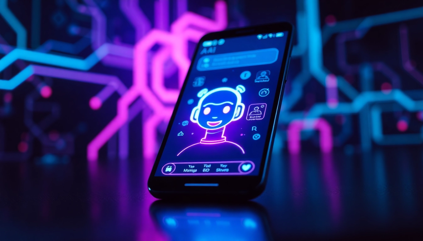 Close-up of a smartphone screen displaying a friendly AI chatbot interface with neon digital elements in a high-tech environment.
