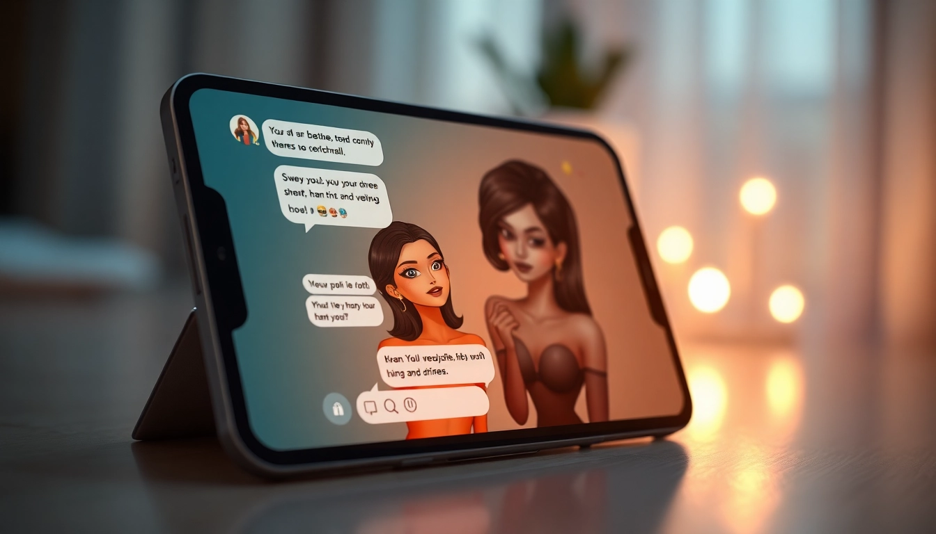 Close-up of a sleek device displaying an AI chatbot with alluring, animated characters in a warm, intimate setting.