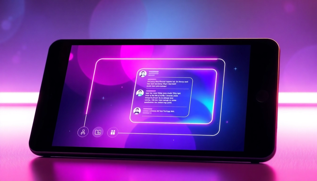 Futuristic AI chatbot interface on a sleek device with neon accents and holographic elements