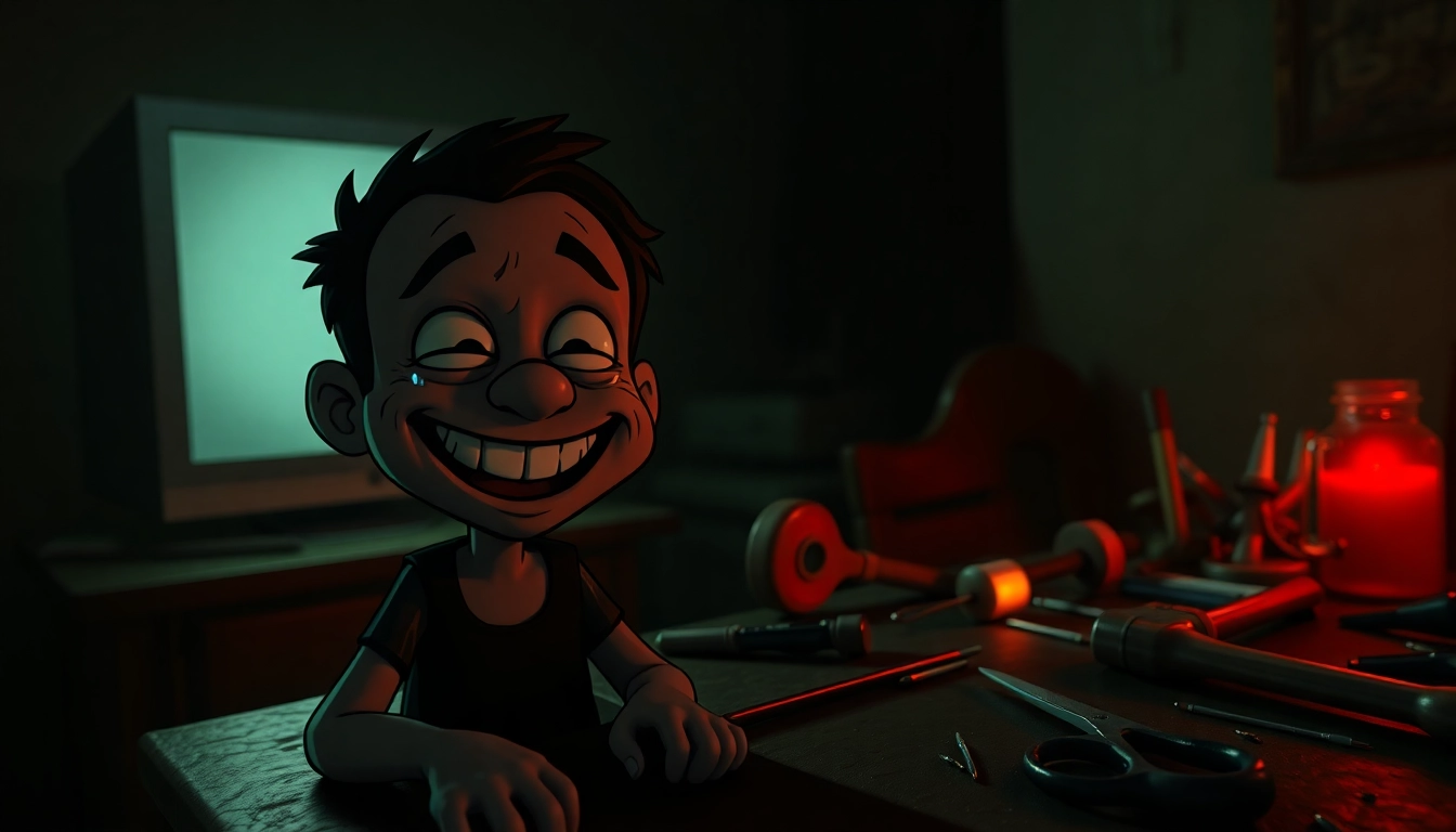 A disturbing scene of a cheerful cartoon character suffering pain, surrounded by violent tools in a dark, unsettling room.