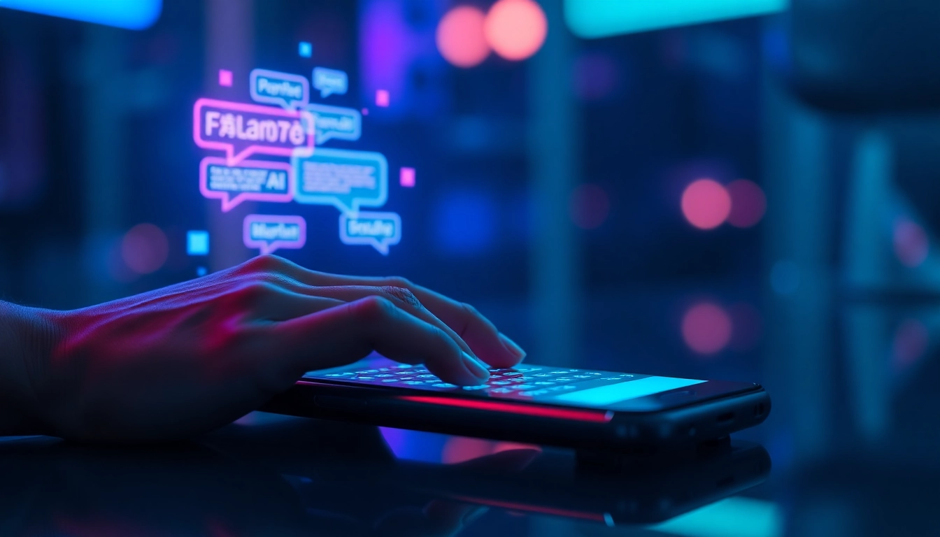 Close-up of a smartphone screen showing a vibrant AI chatbot conversation with neon holographic chat bubbles in a cyberpunk setting.
