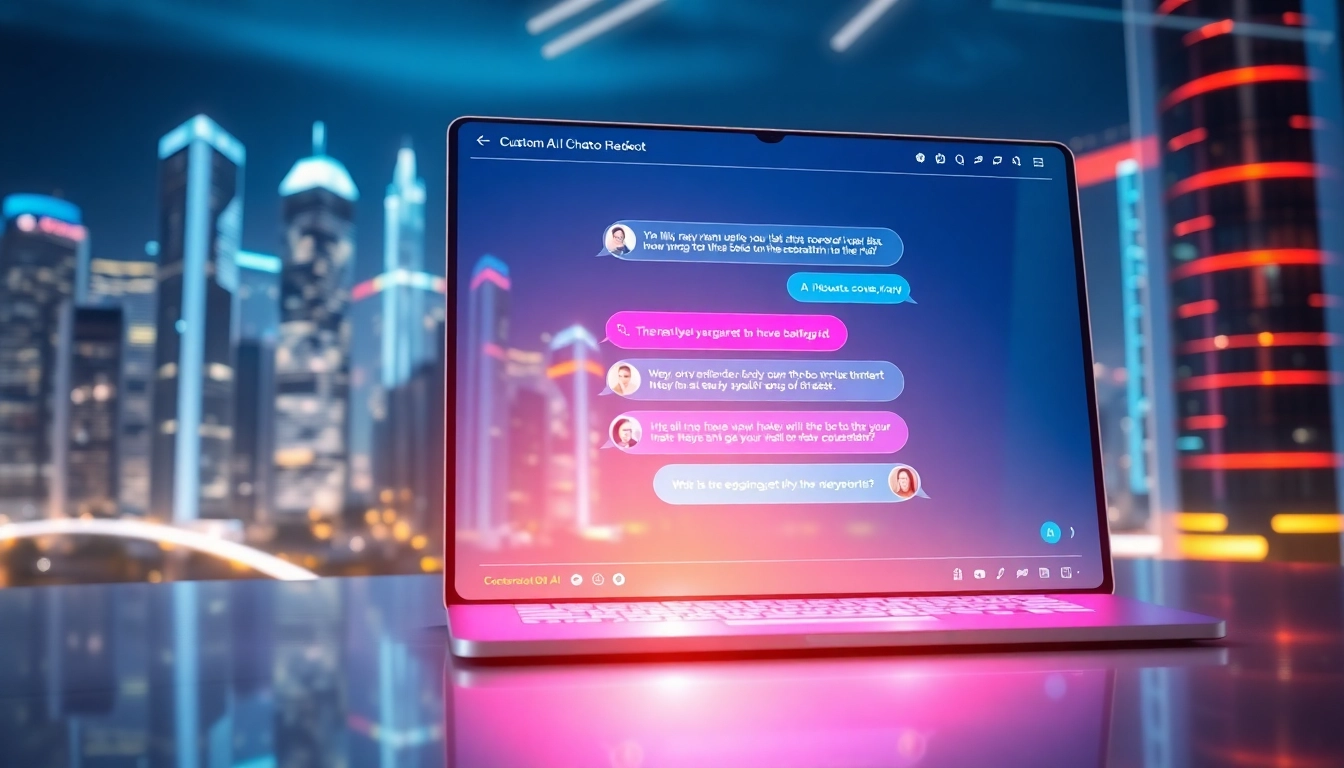 Futuristic digital chat interface with neon accents and cityscape background