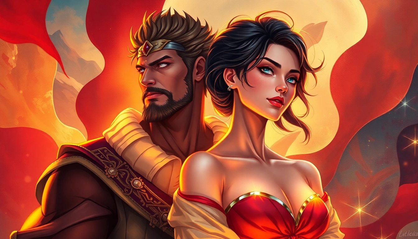 Illustration of alpha and omega characters in a surreal, colorful scene symbolizing Omegaverse themes.
