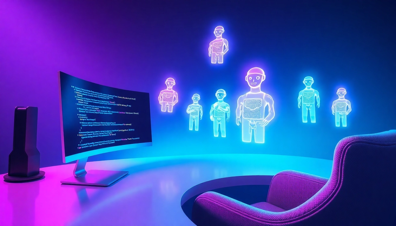 Futuristic digital workspace with holographic AI characters and neon lighting