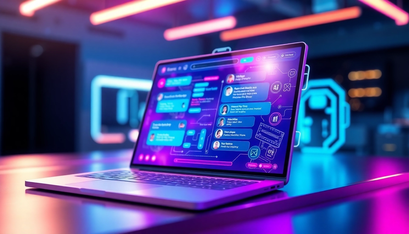 Futuristic AI chatbot interface with holographic elements and vibrant colors